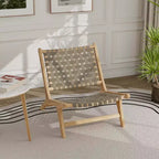 Costway Chaise longue moderne en bois de teck avec dossier et assise tissés en nylon, fauteuil de lecture confortable Marron/Noir