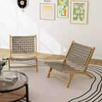 Costway Chaise longue moderne en bois de teck avec dossier et assise tissés en nylon, fauteuil de lecture confortable Marron/Noir