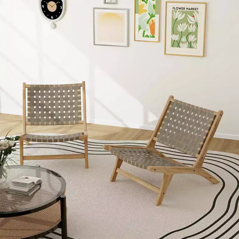 Costway Chaise longue moderne en bois de teck avec dossier et assise tissés en nylon, fauteuil de lecture confortable Marron/Noir