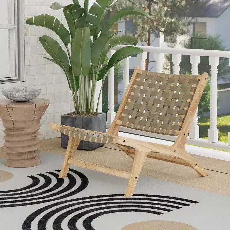 Costway Chaise longue moderne en bois de teck avec dossier et assise tissés en nylon, fauteuil de lecture confortable Marron/Noir