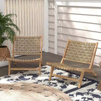 Costway Chaise longue moderne en bois de teck avec dossier et assise tissés en nylon, fauteuil de lecture confortable Marron/Noir