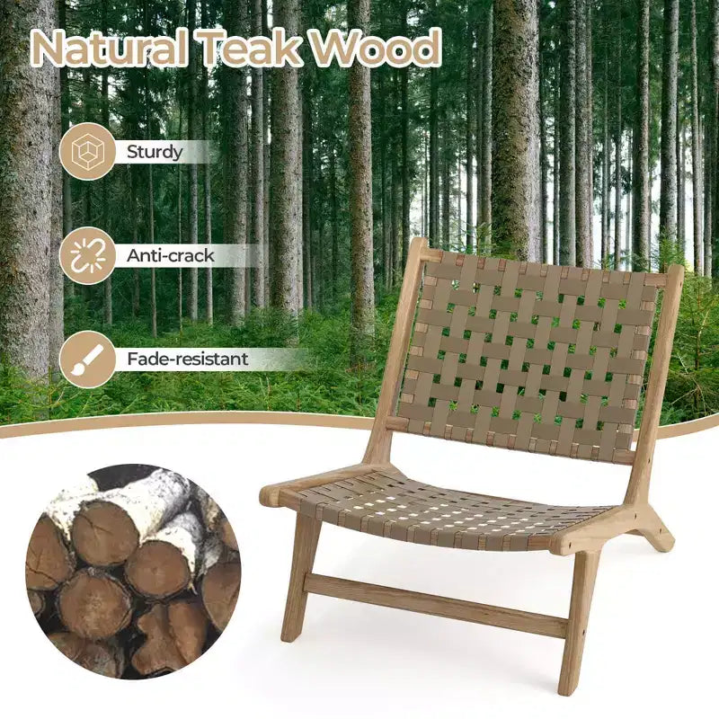 Costway Chaise longue moderne en bois de teck avec dossier et assise tissés en nylon, fauteuil de lecture confortable Marron/Noir