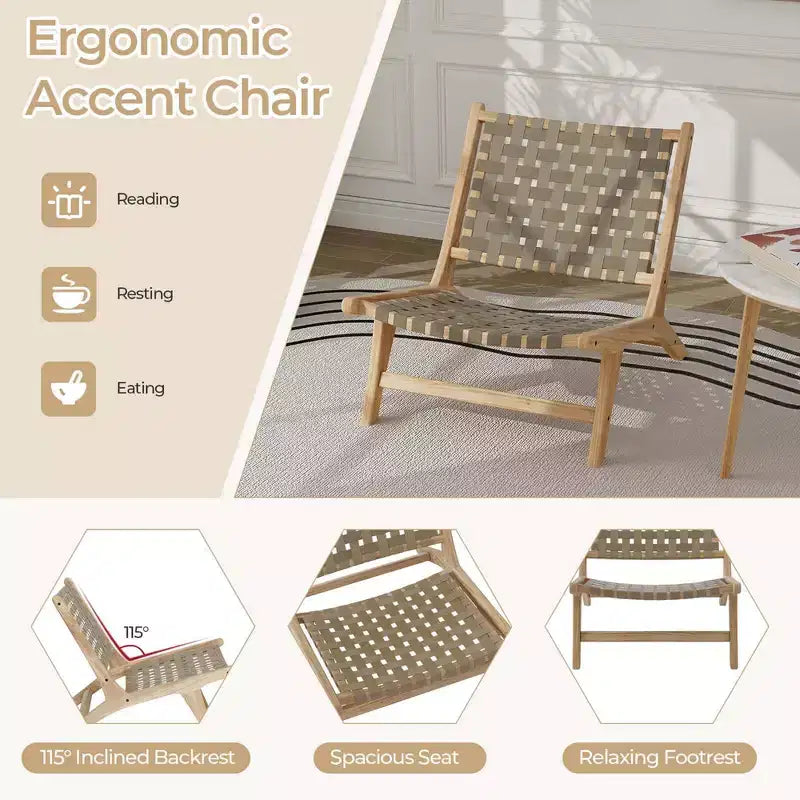 Costway Chaise longue moderne en bois de teck avec dossier et assise tissés en nylon, fauteuil de lecture confortable Marron/Noir
