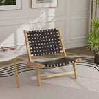 Costway Chaise longue moderne en bois de teck avec dossier et assise tissés en nylon, fauteuil de lecture confortable Marron/Noir