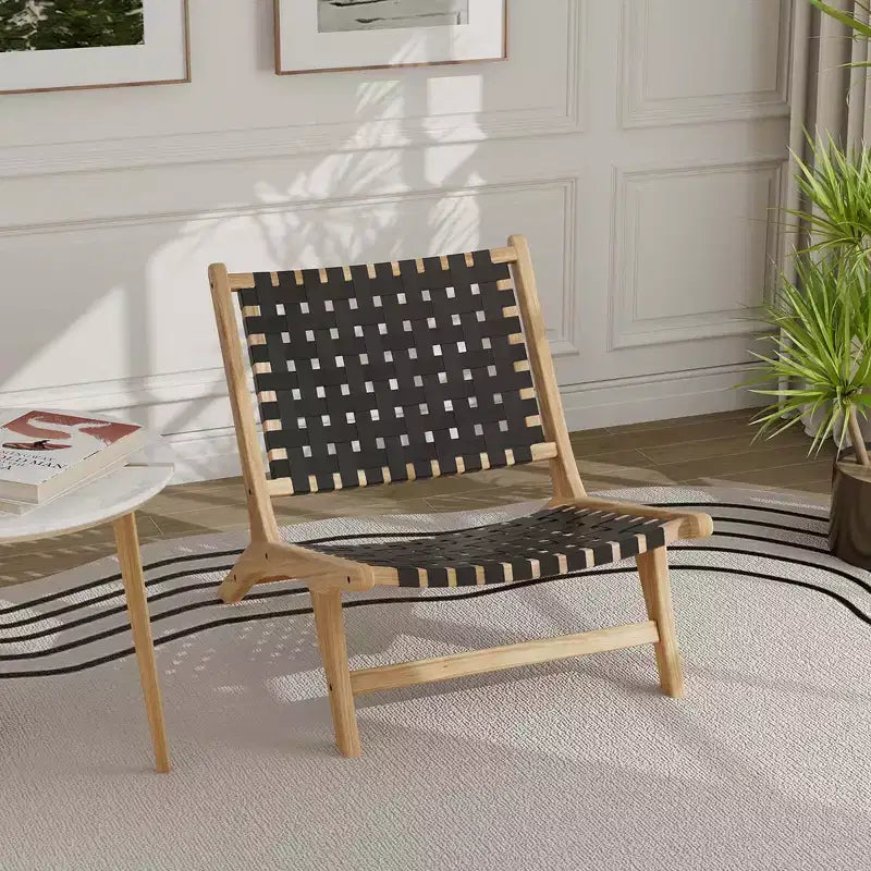 Costway Chaise longue moderne en bois de teck avec dossier et assise tissés en nylon, fauteuil de lecture confortable Marron/Noir