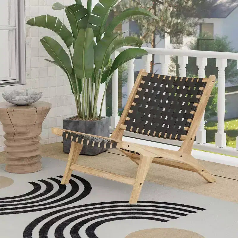 Costway Chaise longue moderne en bois de teck avec dossier et assise tissés en nylon, fauteuil de lecture confortable Marron/Noir