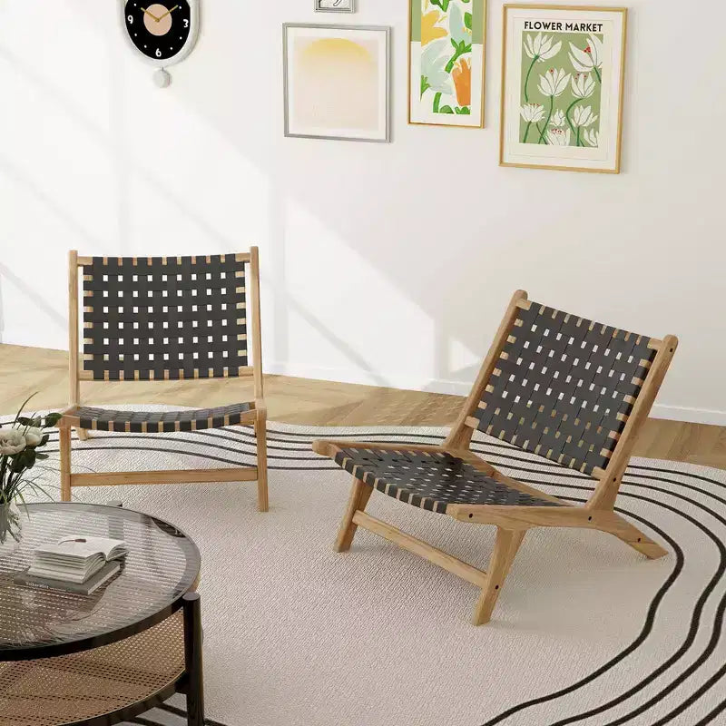 Costway Chaise longue moderne en bois de teck avec dossier et assise tissés en nylon, fauteuil de lecture confortable Marron/Noir