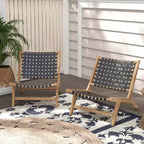 Costway Chaise longue moderne en bois de teck avec dossier et assise tissés en nylon, fauteuil de lecture confortable Marron/Noir