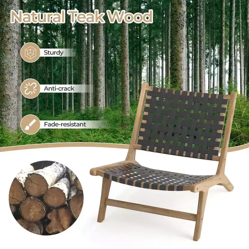 Costway Chaise longue moderne en bois de teck avec dossier et assise tissés en nylon, fauteuil de lecture confortable Marron/Noir