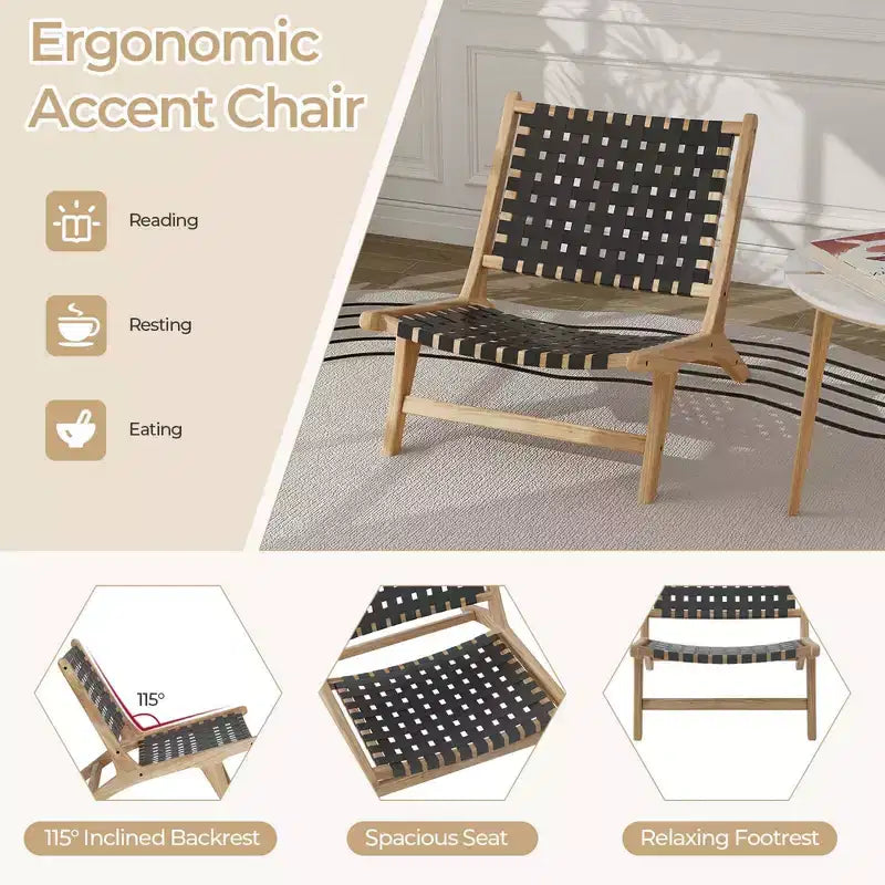 Costway Chaise longue moderne en bois de teck avec dossier et assise tissés en nylon, fauteuil de lecture confortable Marron/Noir