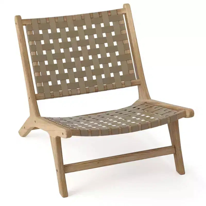 Costway Chaise longue moderne en bois de teck avec dossier et assise tissés en nylon, fauteuil de lecture confortable Marron/Noir