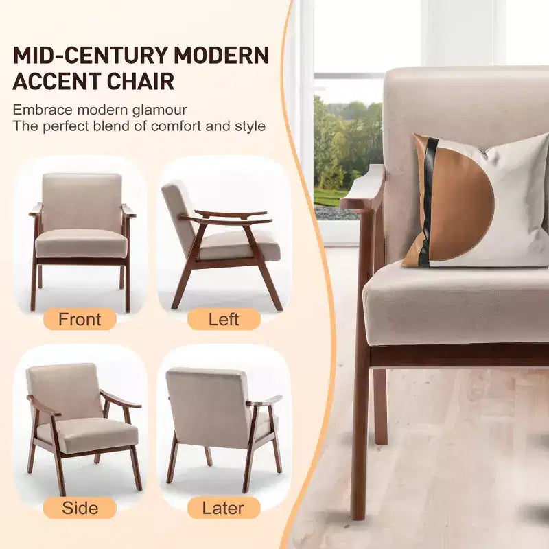 Fauteuil en Velours Accent, Chaises Modernes du Milieu du Siècle avec Dossier Ergonomique, Fauteuil de Lecture Individuel avec Cadre en Bois Massif pour Salon