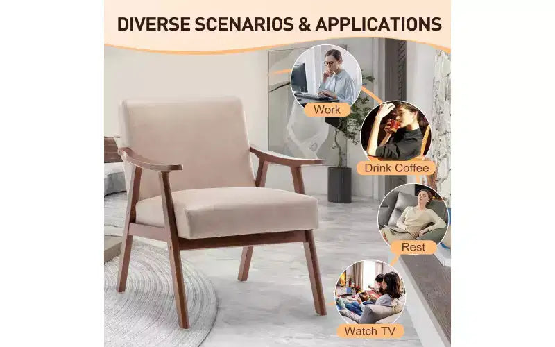 Fauteuil en Velours Accent, Chaises Modernes du Milieu du Siècle avec Dossier Ergonomique, Fauteuil de Lecture Individuel avec Cadre en Bois Massif pour Salon