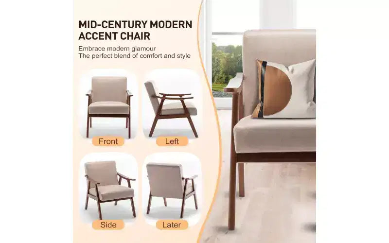 Fauteuil en Velours Accent, Chaises Modernes du Milieu du Siècle avec Dossier Ergonomique, Fauteuil de Lecture Individuel avec Cadre en Bois Massif pour Salon