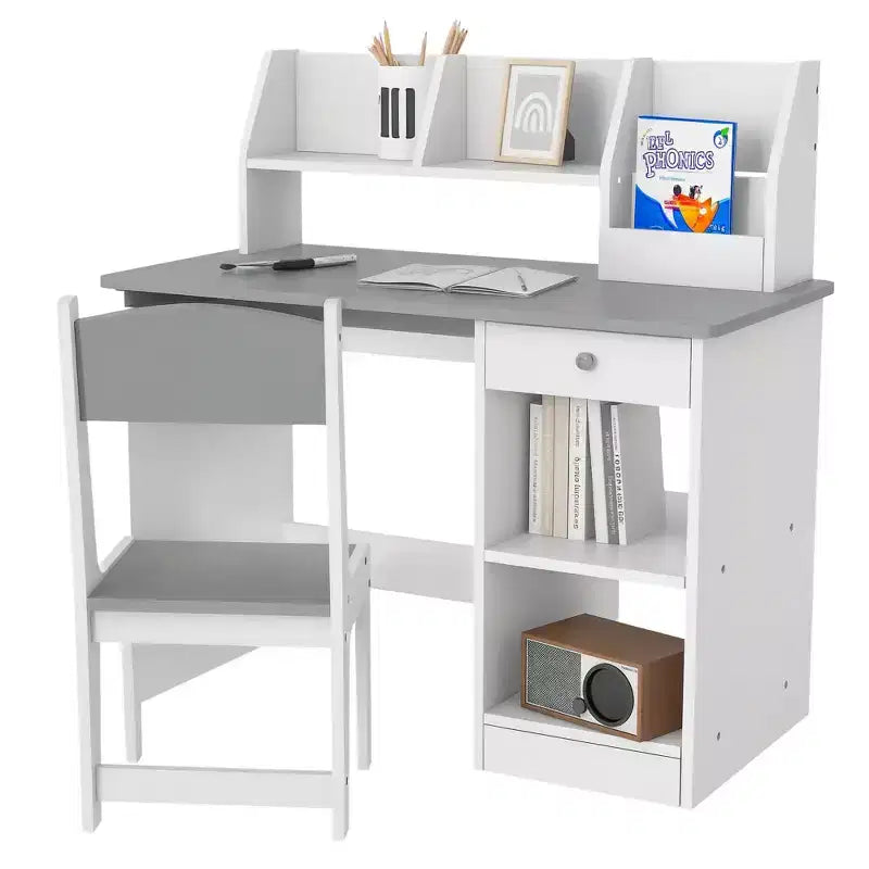 Qaba Kids Desk and Chair Set with Storage, Study Desk with Chair for Children 5-8 Years Old