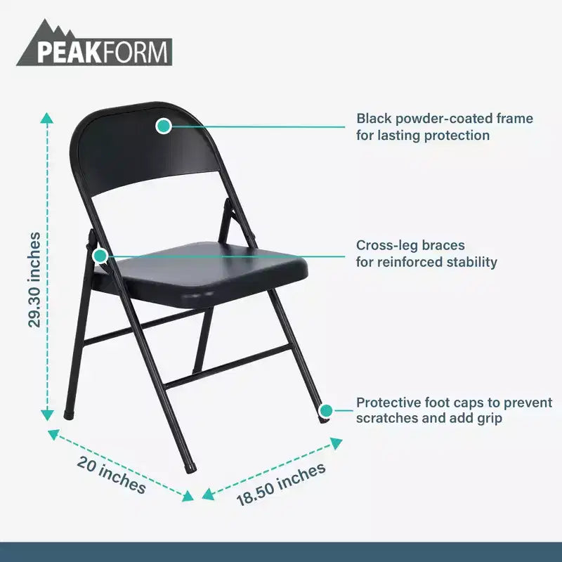 Chaise pliante Peakform en acier avec traverses et embouts de protection pour salles d'étude, conférences et bureaux, noir, lot de 6