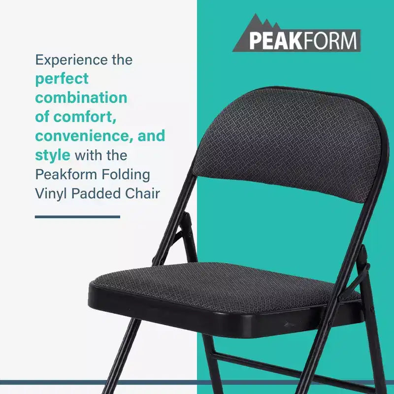 Chaise pliante Peakform en vinyle rembourré avec coussin d'assise confortable, compacte, légère, rangement facile, lot de 4, design gris, cadre noir