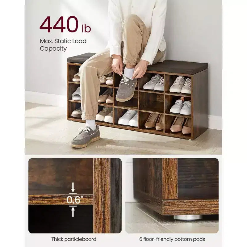VASAGLE Banc à chaussures avec coussin de rangement et 15 compartiments
