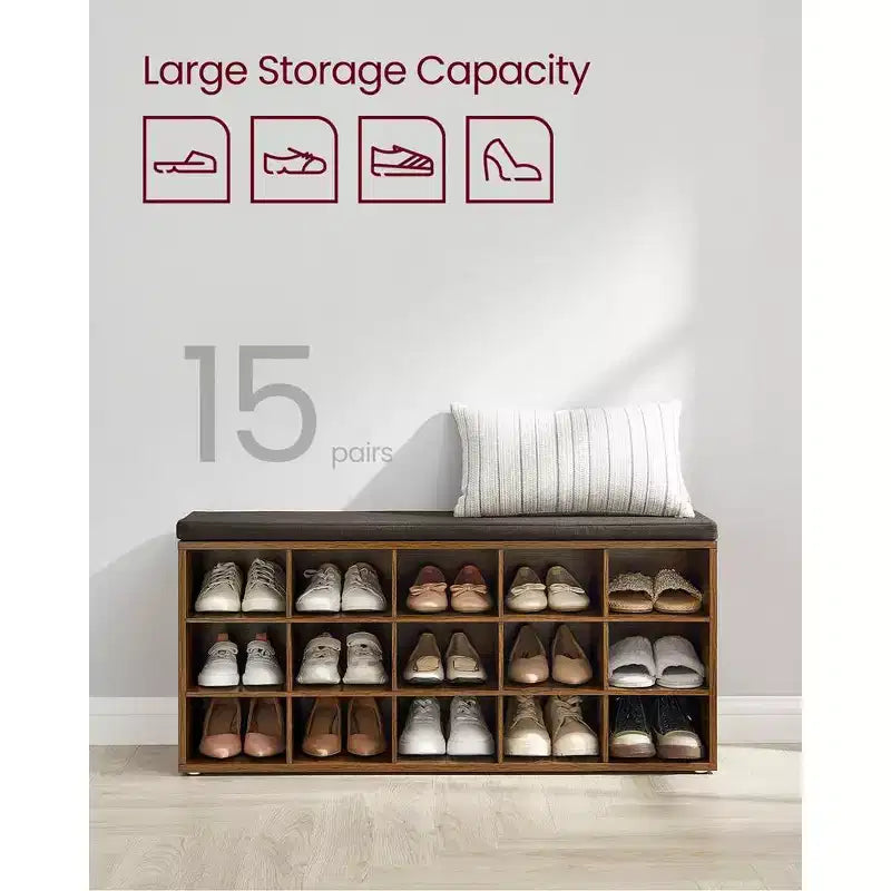 VASAGLE Banc à chaussures avec coussin de rangement et 15 compartiments