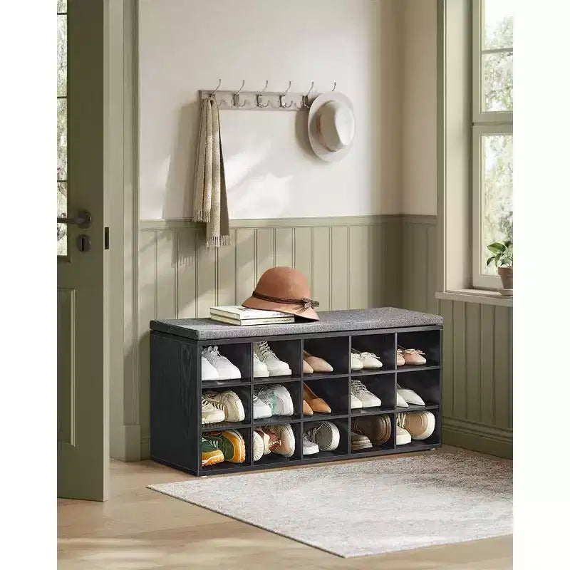 VASAGLE Banc à chaussures avec coussin de rangement et 15 compartiments