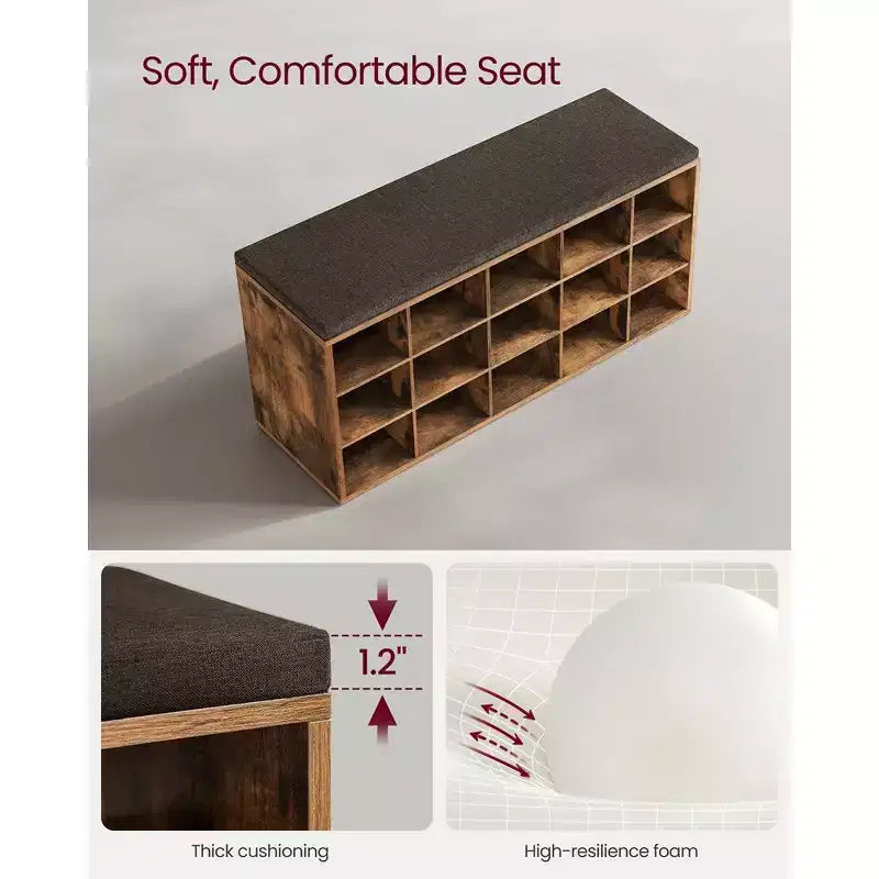 VASAGLE Banc à chaussures avec coussin de rangement et 15 compartiments