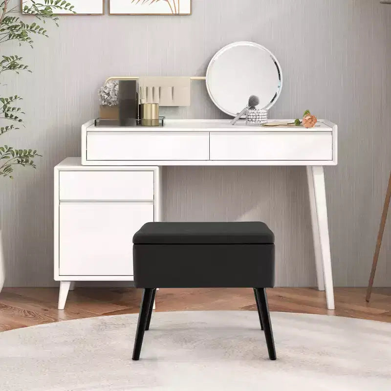 Costway Tabouret de Coiffeuse en Velours Pouf avec Rangement Pieds en Bois Massif Couvercle Rabattable pour Entrée Gris/Beige/Noir