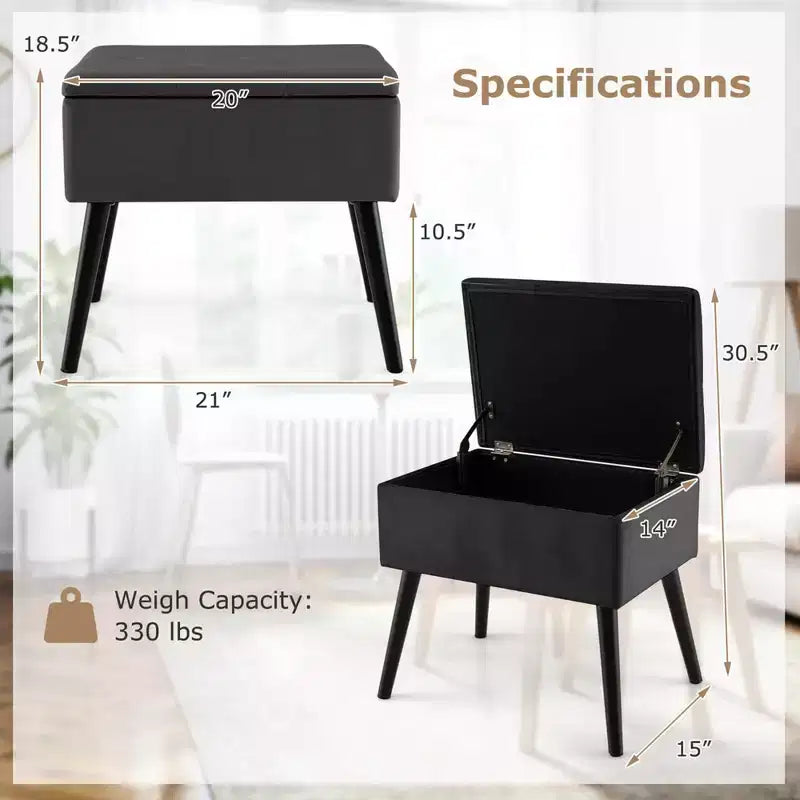 Costway Tabouret de Coiffeuse en Velours Pouf avec Rangement Pieds en Bois Massif Couvercle Rabattable pour Entrée Gris/Beige/Noir