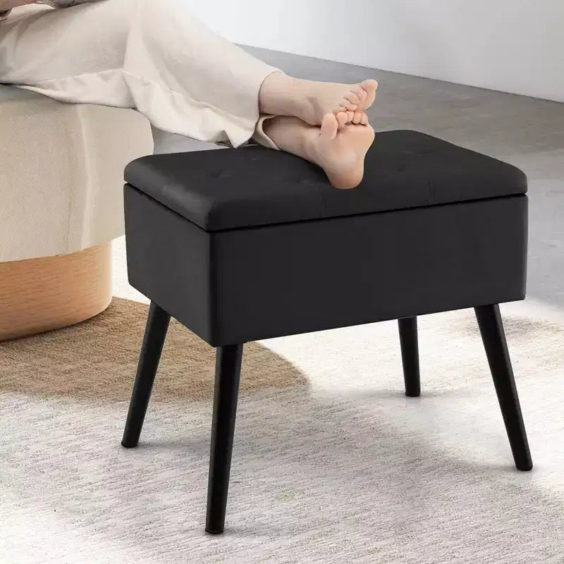 Costway Tabouret de Coiffeuse en Velours Pouf avec Rangement Pieds en Bois Massif Couvercle Rabattable pour Entrée Gris/Beige/Noir