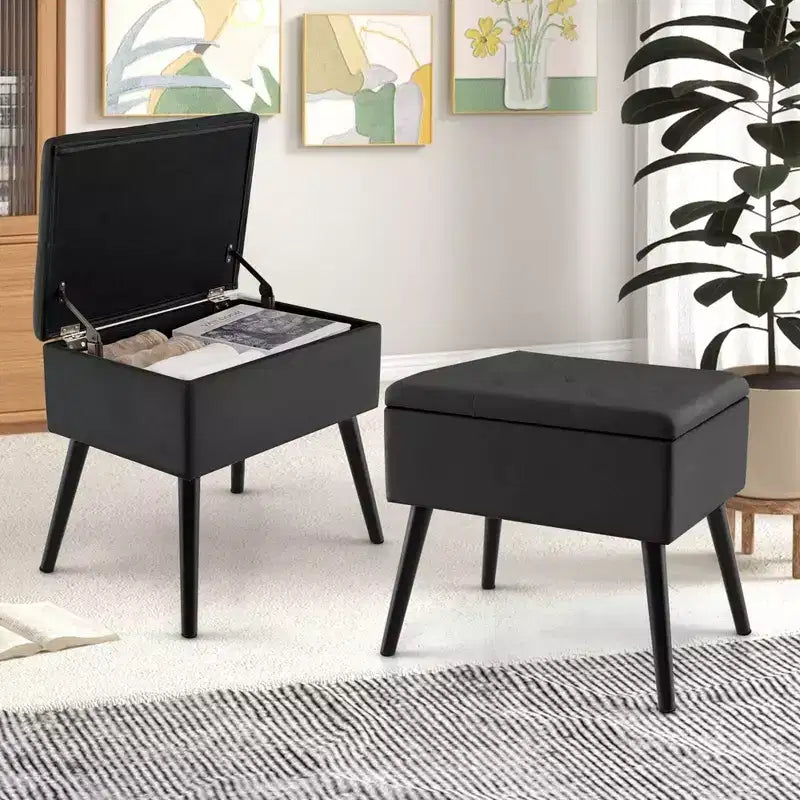 Costway Tabouret de Coiffeuse en Velours Pouf avec Rangement Pieds en Bois Massif Couvercle Rabattable pour Entrée Gris/Beige/Noir