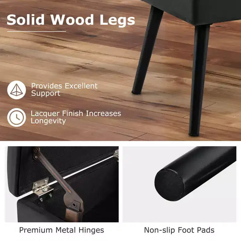 Costway Tabouret de Coiffeuse en Velours Pouf avec Rangement Pieds en Bois Massif Couvercle Rabattable pour Entrée Gris/Beige/Noir