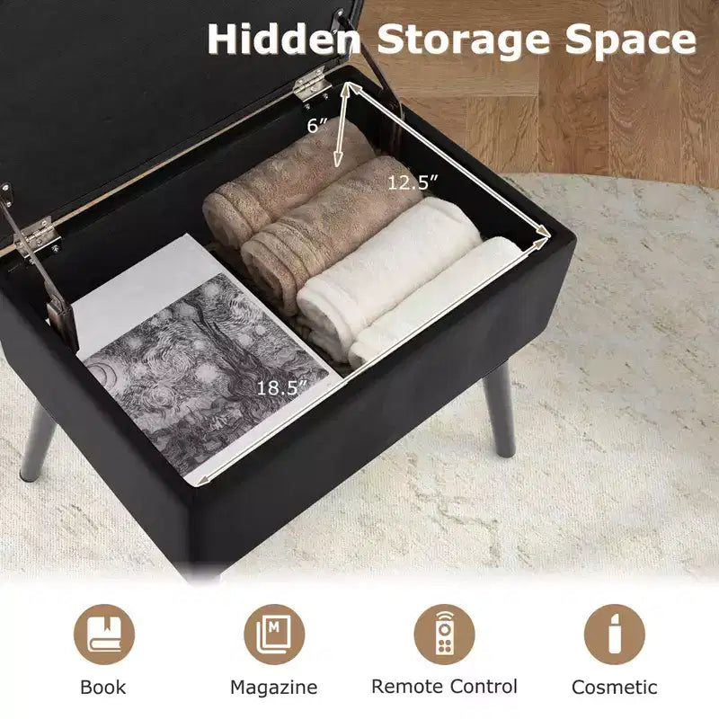 Costway Tabouret de Coiffeuse en Velours Pouf avec Rangement Pieds en Bois Massif Couvercle Rabattable pour Entrée Gris/Beige/Noir