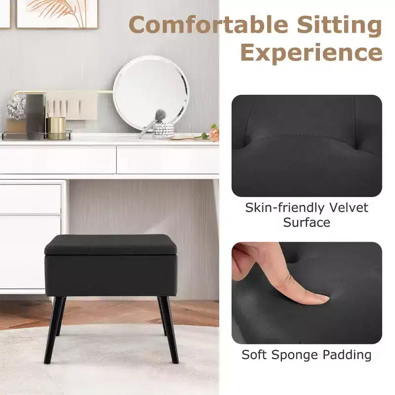 Costway Tabouret de Coiffeuse en Velours Pouf avec Rangement Pieds en Bois Massif Couvercle Rabattable pour Entrée Gris/Beige/Noir