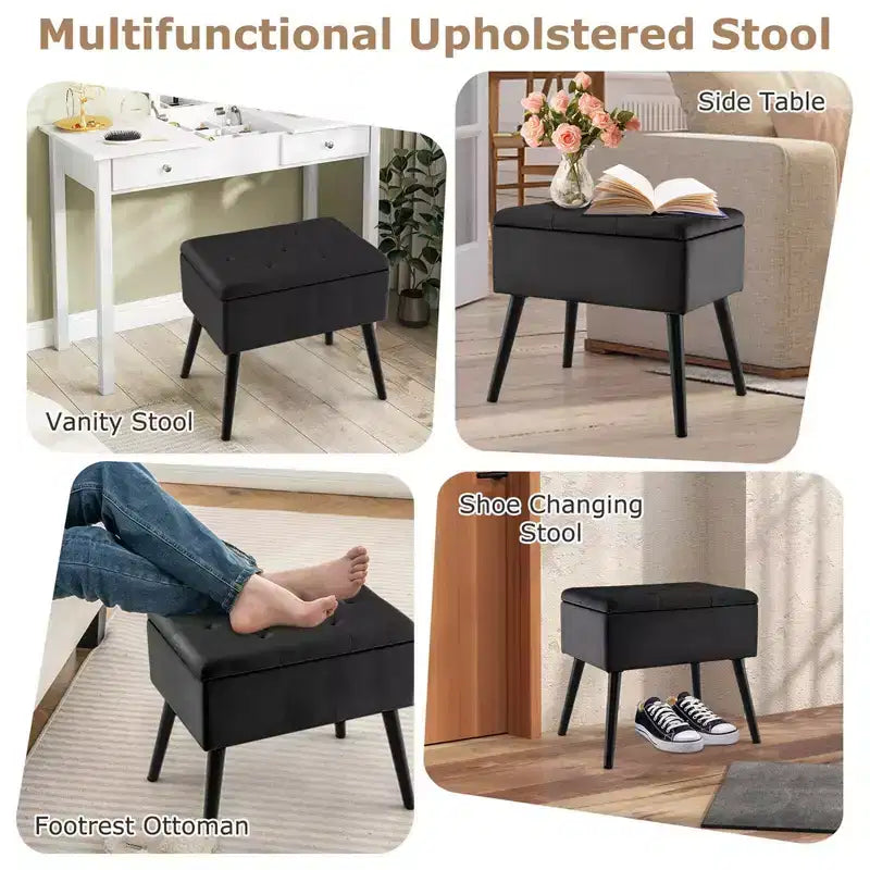 Costway Tabouret de Coiffeuse en Velours Pouf avec Rangement Pieds en Bois Massif Couvercle Rabattable pour Entrée Gris/Beige/Noir