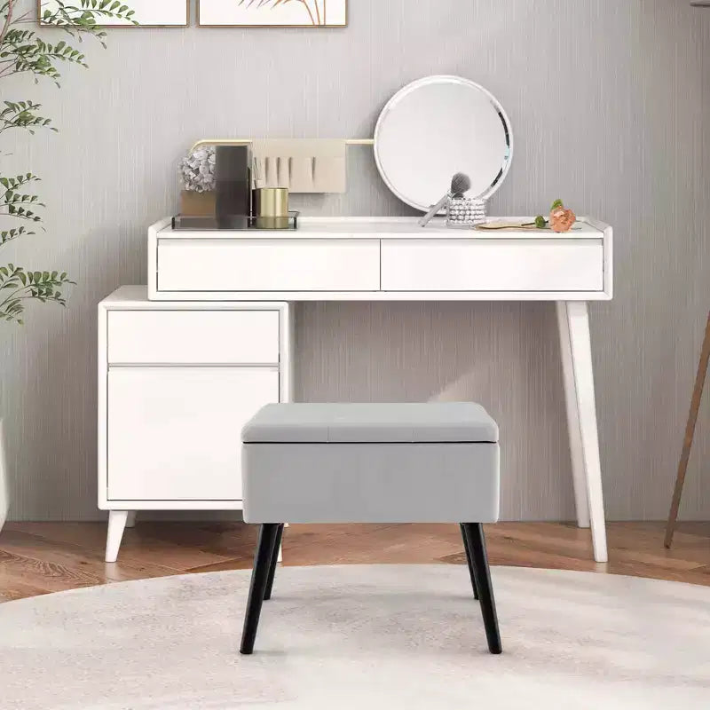 Costway Tabouret de Coiffeuse en Velours Pouf avec Rangement Pieds en Bois Massif Couvercle Rabattable pour Entrée Gris/Beige/Noir