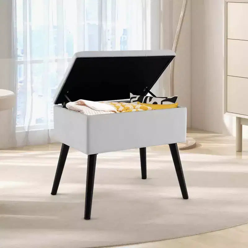 Costway Tabouret de Coiffeuse en Velours Pouf avec Rangement Pieds en Bois Massif Couvercle Rabattable pour Entrée Gris/Beige/Noir