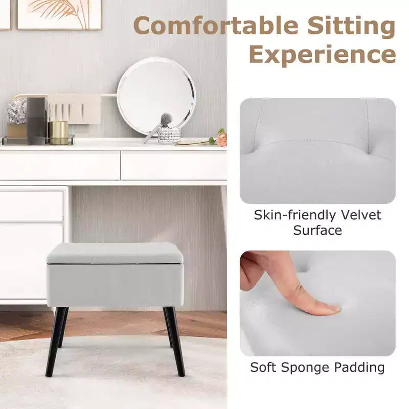Costway Tabouret de Coiffeuse en Velours Pouf avec Rangement Pieds en Bois Massif Couvercle Rabattable pour Entrée Gris/Beige/Noir