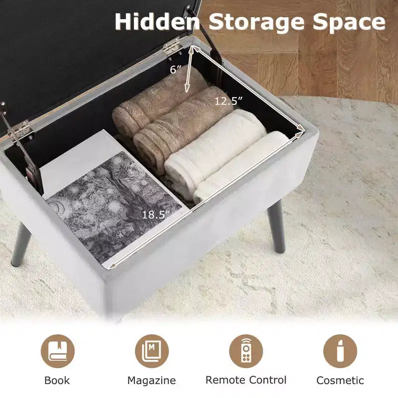 Costway Tabouret de Coiffeuse en Velours Pouf avec Rangement Pieds en Bois Massif Couvercle Rabattable pour Entrée Gris/Beige/Noir