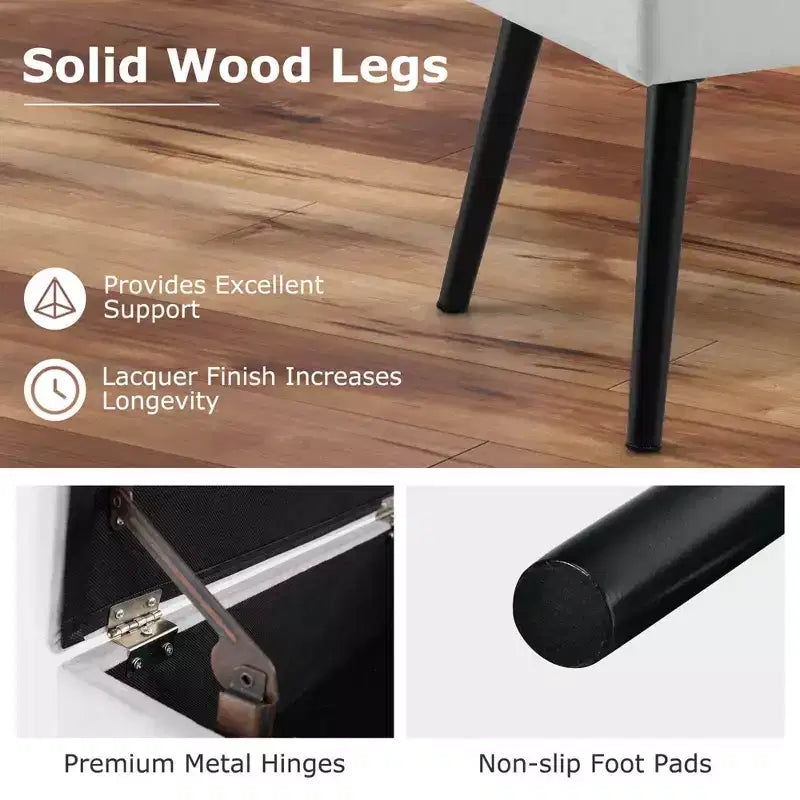 Costway Tabouret de Coiffeuse en Velours Pouf avec Rangement Pieds en Bois Massif Couvercle Rabattable pour Entrée Gris/Beige/Noir