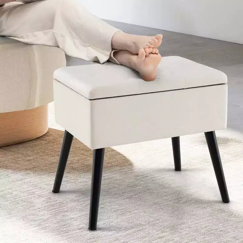 Costway Tabouret de Coiffeuse en Velours Pouf avec Rangement Pieds en Bois Massif Couvercle Rabattable pour Entrée Gris/Beige/Noir