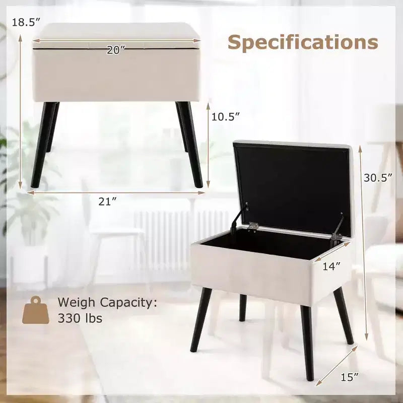 Costway Tabouret de Coiffeuse en Velours Pouf avec Rangement Pieds en Bois Massif Couvercle Rabattable pour Entrée Gris/Beige/Noir