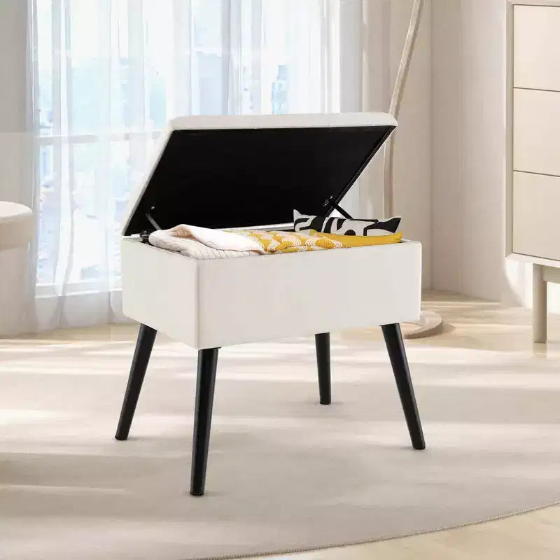 Costway Tabouret de Coiffeuse en Velours Pouf avec Rangement Pieds en Bois Massif Couvercle Rabattable pour Entrée Gris/Beige/Noir