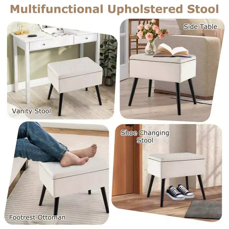Costway Tabouret de Coiffeuse en Velours Pouf avec Rangement Pieds en Bois Massif Couvercle Rabattable pour Entrée Gris/Beige/Noir
