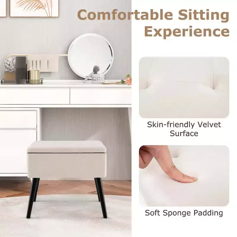 Costway Tabouret de Coiffeuse en Velours Pouf avec Rangement Pieds en Bois Massif Couvercle Rabattable pour Entrée Gris/Beige/Noir