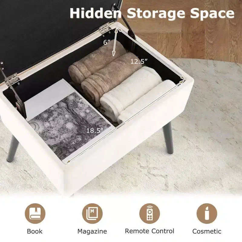 Costway Tabouret de Coiffeuse en Velours Pouf avec Rangement Pieds en Bois Massif Couvercle Rabattable pour Entrée Gris/Beige/Noir