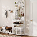 Porte-manteau et meuble à chaussures 185 cm, banc d'entrée blanc avec portes, portant étroit avec étagère à chaussures et 7 crochets pour entrée, chambre et buanderie