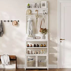 Porte-manteau et meuble à chaussures 185 cm, banc d'entrée blanc avec portes, portant étroit avec étagère à chaussures et 7 crochets pour entrée, chambre et buanderie