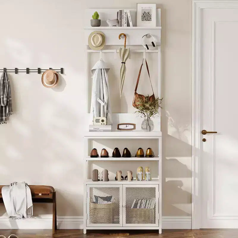 Porte-manteau et meuble à chaussures 185 cm, banc d'entrée blanc avec portes, portant étroit avec étagère à chaussures et 7 crochets pour entrée, chambre et buanderie