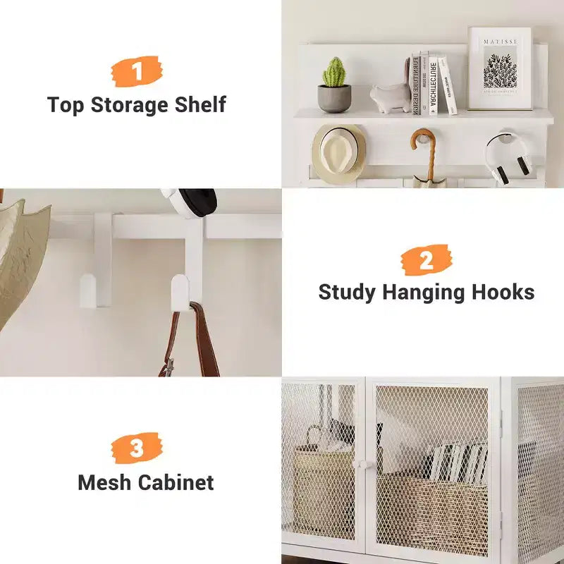 Porte-manteau et meuble à chaussures 185 cm, banc d'entrée blanc avec portes, portant étroit avec étagère à chaussures et 7 crochets pour entrée, chambre et buanderie
