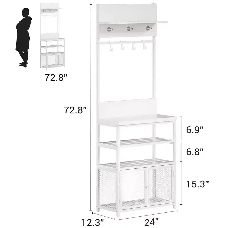 Porte-manteau et meuble à chaussures 185 cm, banc d'entrée blanc avec portes, portant étroit avec étagère à chaussures et 7 crochets pour entrée, chambre et buanderie