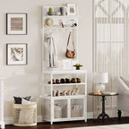 Porte-manteau et meuble à chaussures 185 cm, banc d'entrée blanc avec portes, portant étroit avec étagère à chaussures et 7 crochets pour entrée, chambre et buanderie